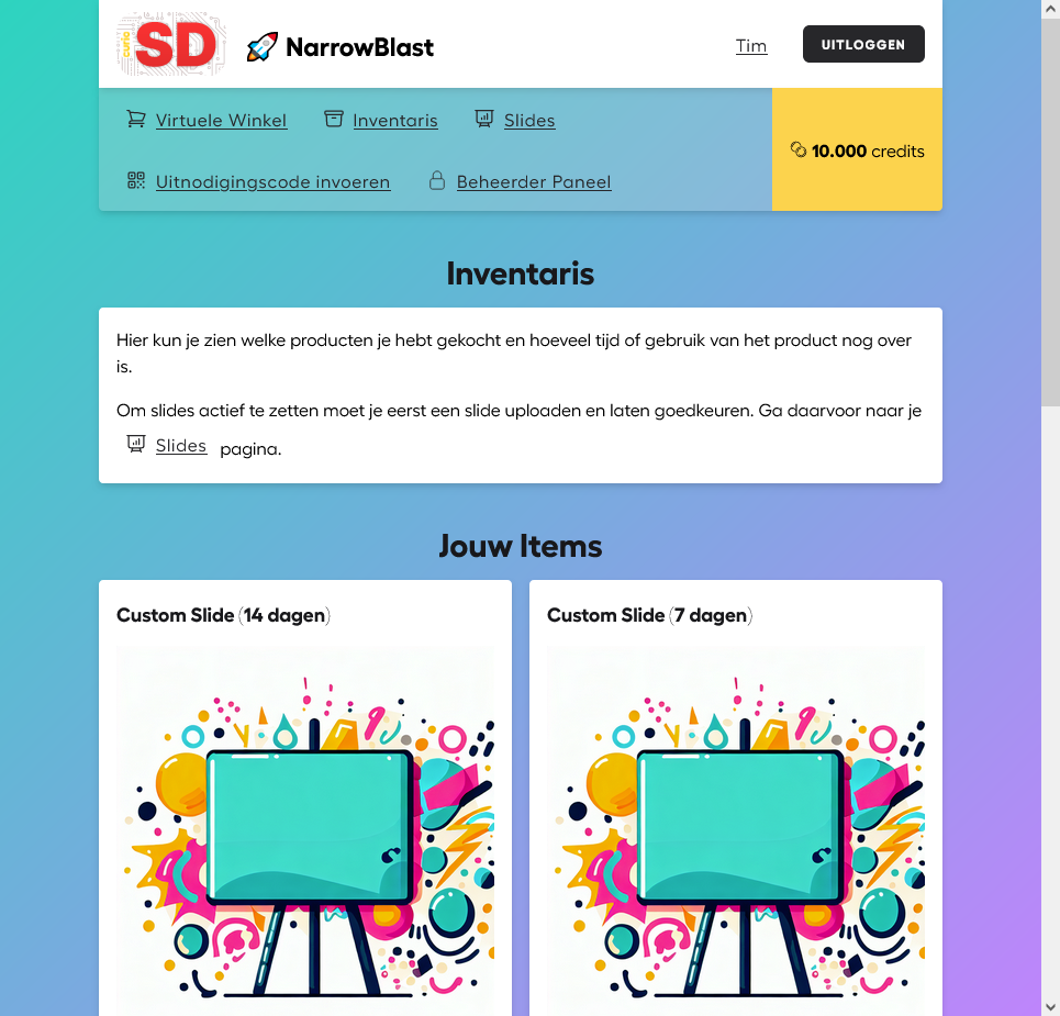 Screenshot of the inventory page